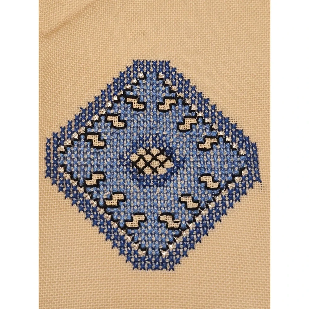 Vintage Handmade Cross Stitch Cocktail Napkins Set of 4 Tan Blue Geometric MCM